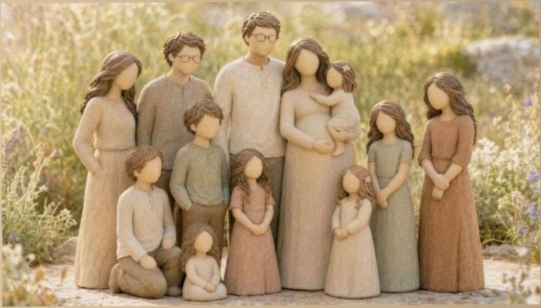 Handgefertigte, gesichtslose Familienfiguren in warmem Naturlicht